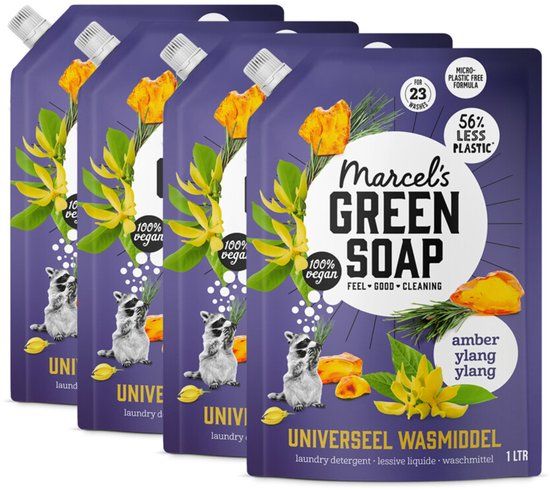 Marcel's Green Soap Universeel Wasmiddel Navulling - Amber & Ylang Ylang - 4 x 1L - 92 wasbeurten