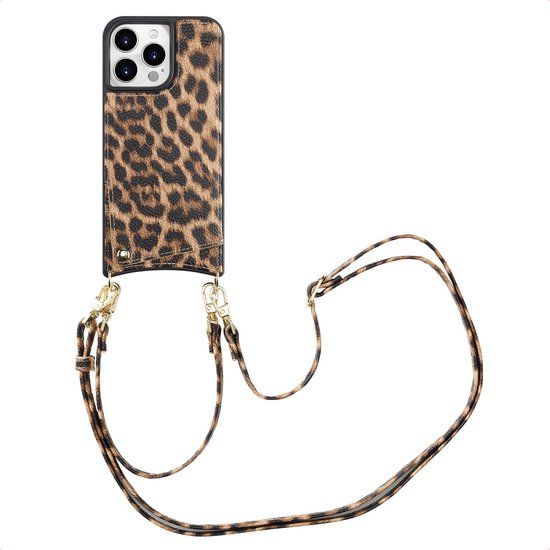 Selencia Hoesje - Geschikt voor Apple iPhone 15 Pro Max - Backcover met koord en pashouder - Leopard