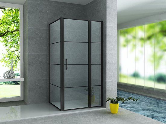 Aloni Draaideur + Zijwand Mat Zwart 8mm 90x120x200cm - Transparant glas - Antikalk