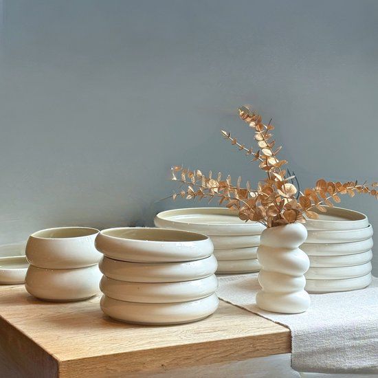 Merkloos / Sans marque OZ Home Bavary Chubby Serviesset 27-Delig - Porselein - Wit-Taupe - 6-Persoons - Vaatwasser & Magnetronbestendig