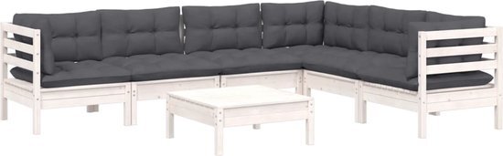 The Living Store Loungeset - Massief grenenhout - Wit - Afmetingen- hoekbank 63.5x63.5x62.5cm - middenbank 63.5x63.5x62.5cm - voetenbank/tafel 63.5x63.5x28.5cm - Kussens in antraciet - Montage vereist