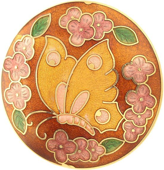 Behave® Broche rond met vlinder en bloemen bruin - emaille sierspeld - dames