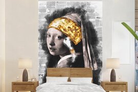 Nr1Wallpaper Behang - Fotobehang Meisje met de parel - Johannes Vermeer - Krant - Goud - Breedte 180 cm x hoogte 280 cm