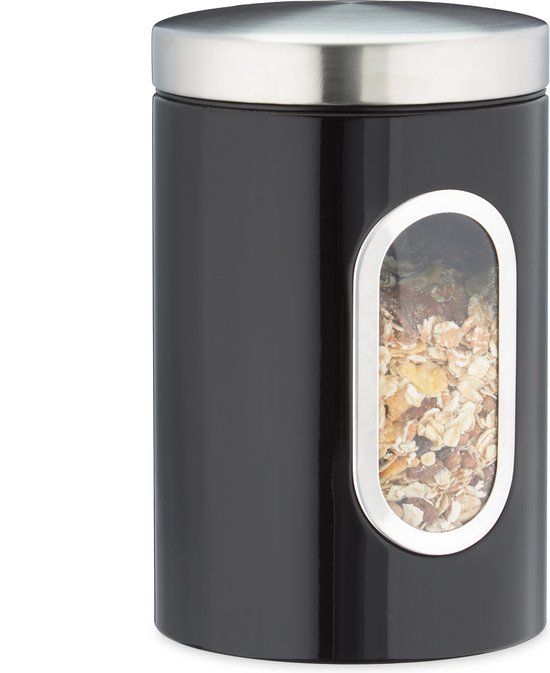 Zwarte metalen voorraadbus met venster - 1.4 liter - Merkloos