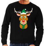 Bellatio Decorations Foute kersttrui / sweater met Rudolf het rendier met groene kerstmuts zwart voor heren - Kersttruien S