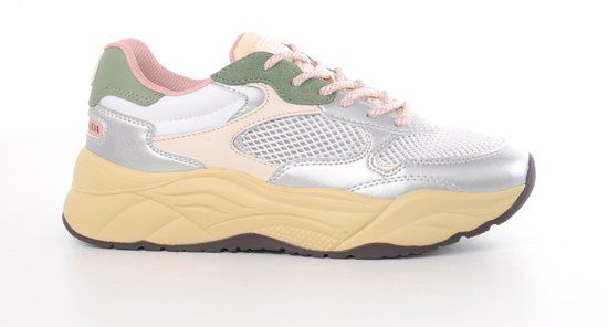 Scotch & Soda Celest 25 dames sneaker van leer en mesh in zilver, groen en roze.