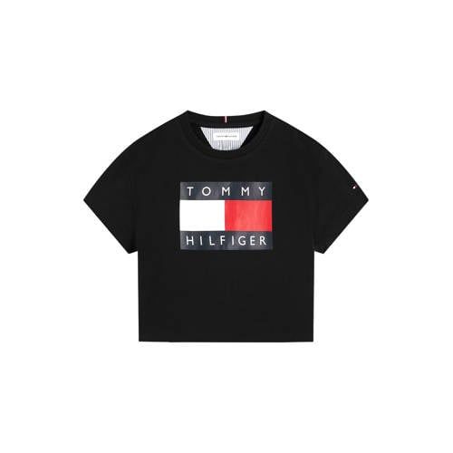 Tommy Hilfiger T-shirt - zwart Meisjes Stretchkatoen Ronde hals Logo - maat 152