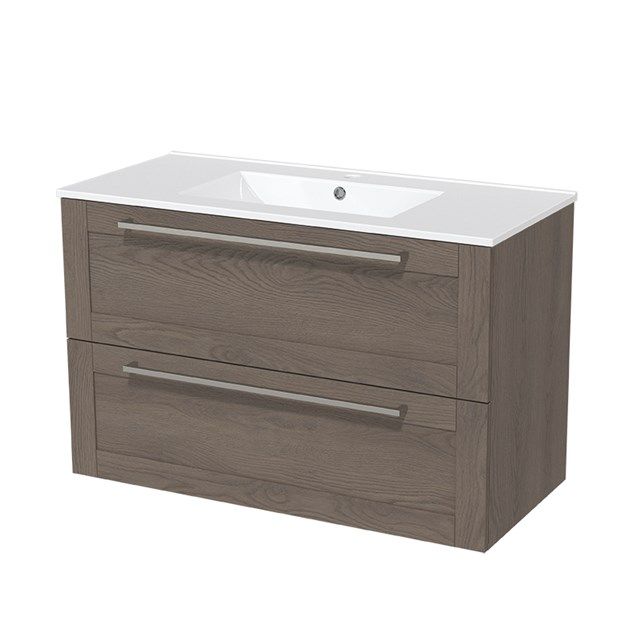 Maxaro Badkamermeubel 100cm Modulo Donkerbruin Eiken 2 lades Kader Wastafel Keramiek