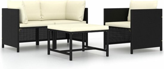 vidaXL 4-delige Loungeset met kussens poly rattan zwart