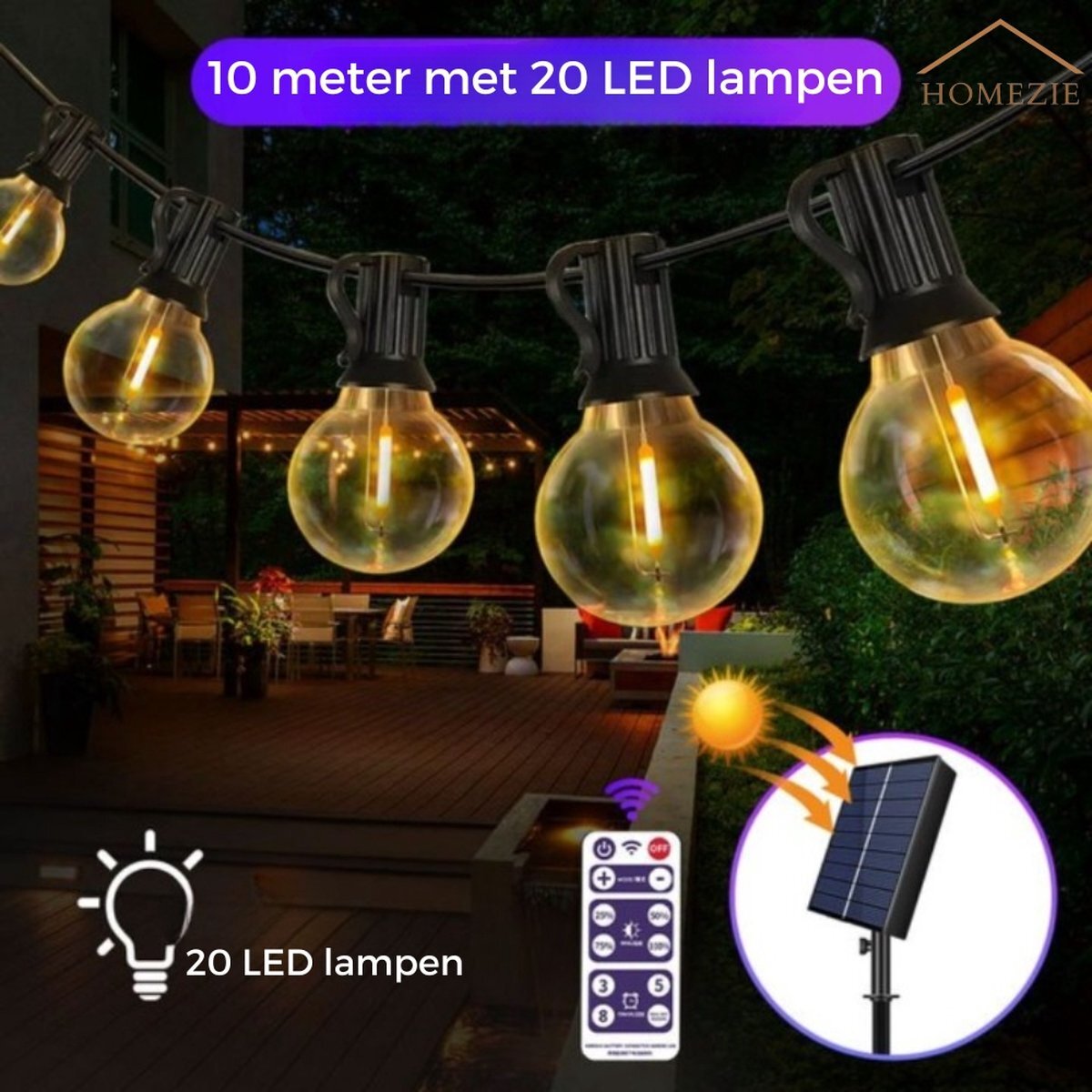 Homezie Lichtsnoer op zonne-energie - Met afstandsbediening - 10 meter - 20 LED bulbs - Tuinverlichting - Prikkabel - Lampjes slinger