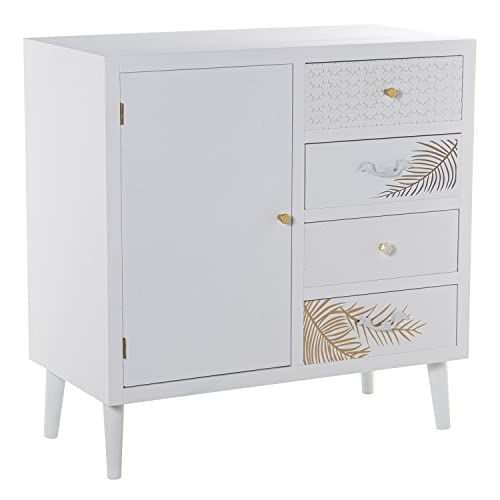 DRW Dressoir met 1 deur en 4 schuifladen van hout met reliëfblad in wit en goud, 80 x 40 x 80 cm