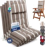 Beautissu Sun-HL – Set van 4 Premium Hoge Rugleuning Stoelkussen 120x50 cm – UV-bestendig – 8cm Dik – met Hoofdkussen & Bevestigingsbanden – Antislip – Beige Wit Gestreept