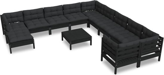 vidaXL 12-delige Loungeset met kussens grenenhout zwart