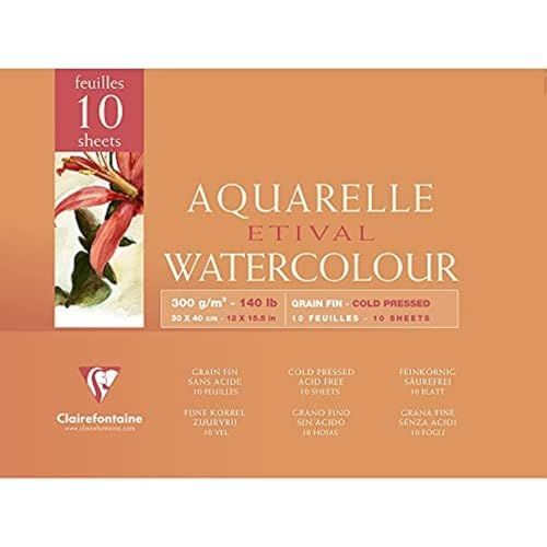 Clairefontaine 96572C Etival Block, gelijmd, 4 zijden, 10 vellen, aquarelpapier, wit, 100% cellulose, fijne korrel, studie, 30 x 40 cm, 300 g