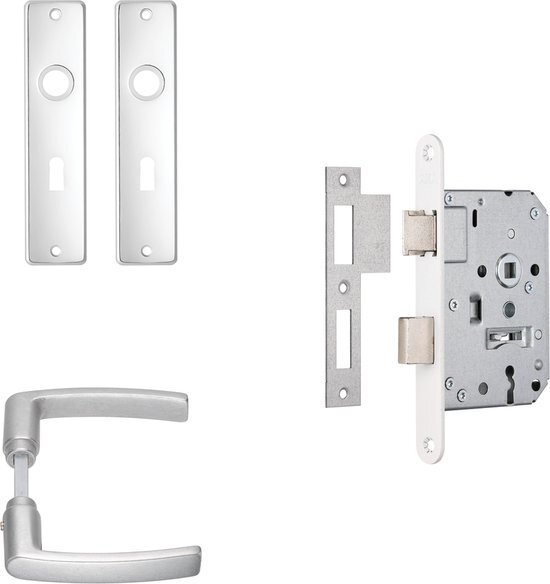 AXA Binnendeurbeslag set (Edge) Aluminium: Kruk (model Blok) op schild met sleutelgat SL55 en slot met witte voorplaat.