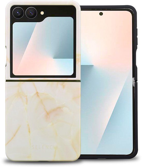 Selencia Hoesje - Geschikt voor Samsung Galaxy Z Flip 7 - Backcover - Golden Beige Marble