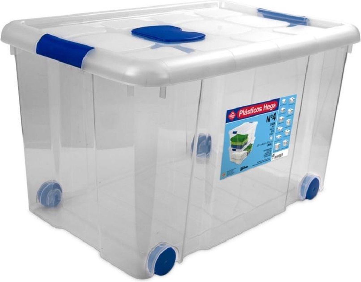 Hega Hogar Opbergbox met deksel en wieltjes 55 liter - Transparant/Blauw