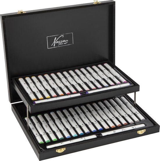 Nassau Fine Art Hoogwaardige Twinmarkers - 36-delige set alcohol stiften in luxe houten bewaardoos, ideaal voor volwassenen voor professionele illustraties en handlettering