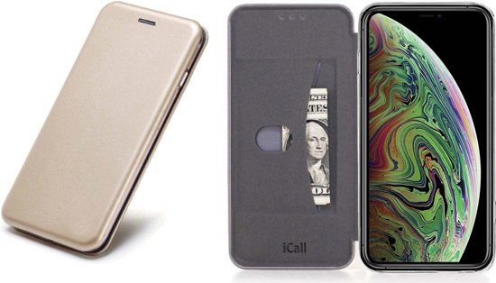 iCall Lederen Hoesje voor Apple iPhone Xs Max Goud - Wallet Book Case Cover