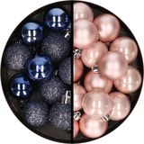 Merkloos / Sans marque Kerstballen 36x stuks - 3 en 4 cm - donkerblauw en lichtroze - kunststof