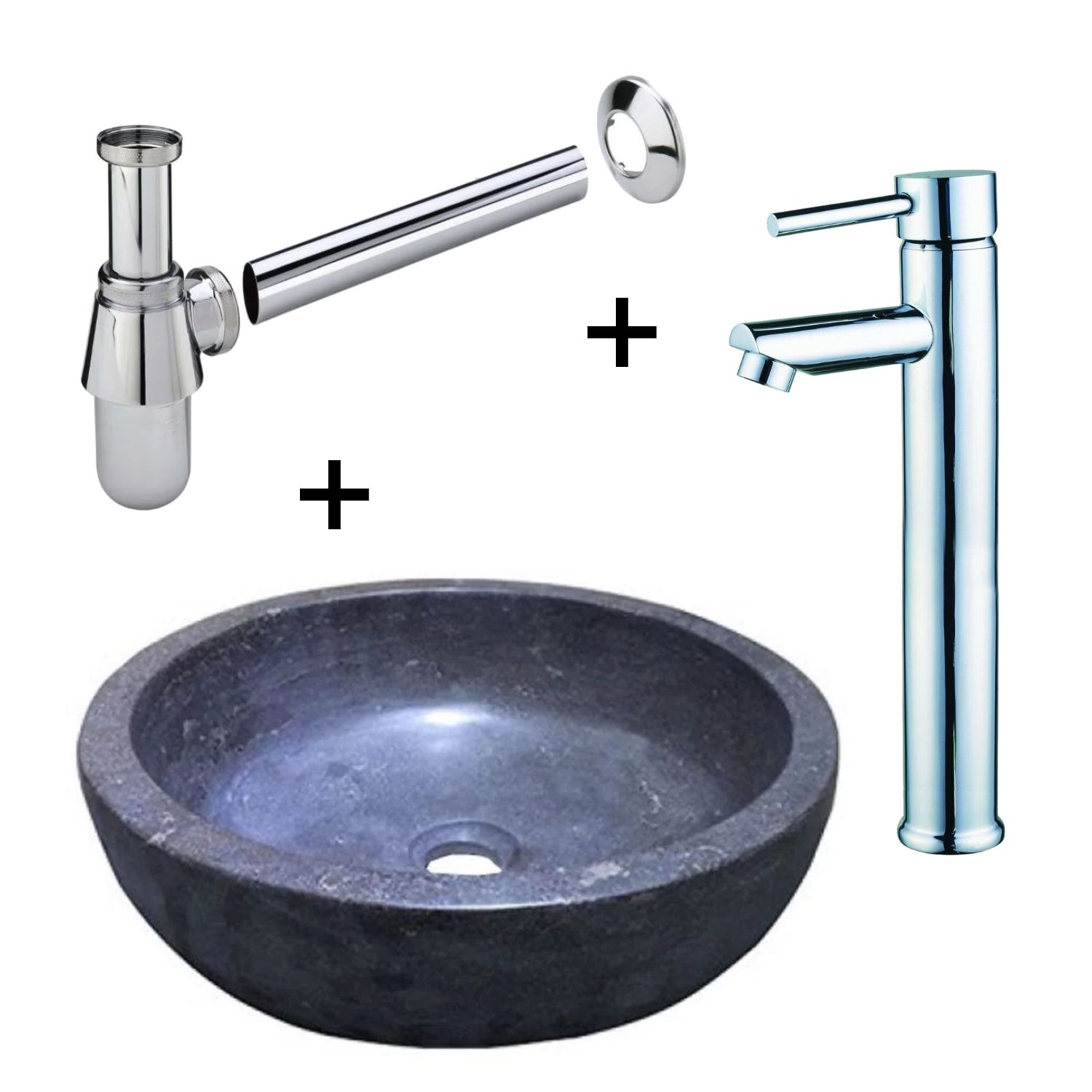 Badkamerdepot Natuursteen waskomset compleet inclusief hoge kraan chroom waskom en sifon - 8719304429777