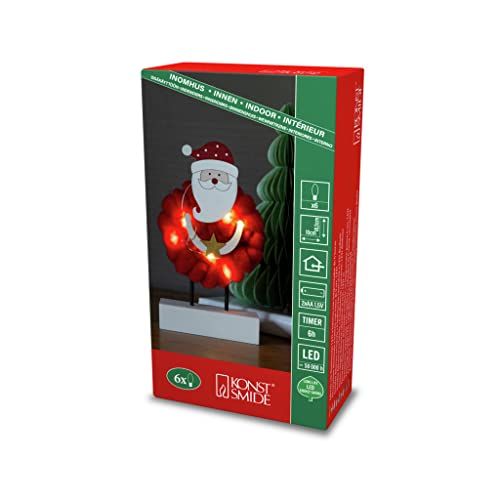KONSTSMIDE LED houten silhouet "Santa met katoen" - rood - 6H timer - 6 warmwitte diodes - werkt op batterijen - binnen - 3267-550