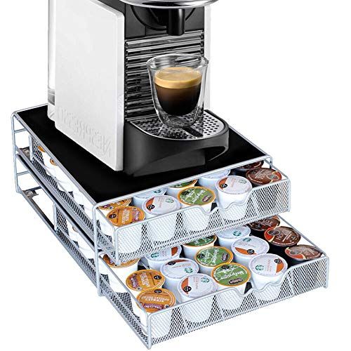 BAKAJI houder voor capsules en koffiepads Nescafé Nespresso Nescafé Lavazza metaal 2 uitneembare laden, zilver en top zwart (37 x 28 x 15 cm)
