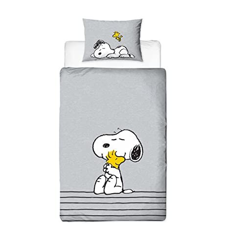 Character World Peanuts Snoopy Single Duvet Cover Set - Official Licensed | Reversible Snooze Design with Pillowcase, Poly-Cotton, Grey