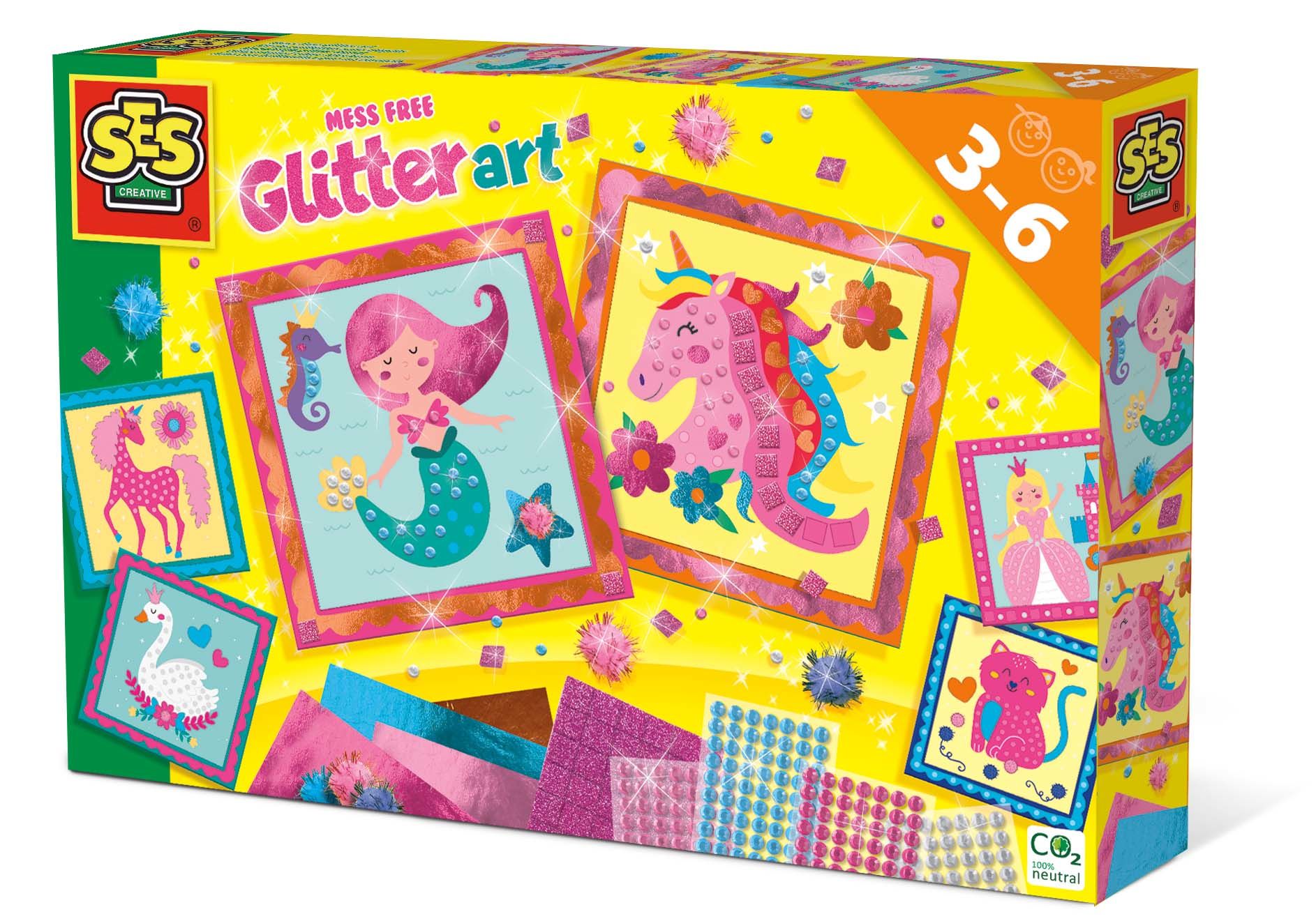 SES Creative Knoeivrije Glitter Kunst - Knutselset voor Kinderen - 6 Stickerkaarten met Glitter, Transferfolie & Pompons