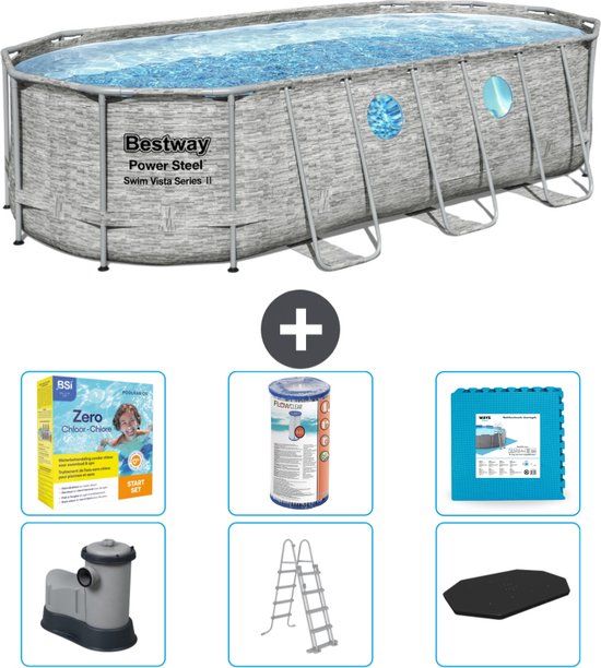 Bestway Ovaal Power Steel Swim Vista Zwembad - Steenprint - 549 x 274 x 122 cm - Compleet met Accessoires