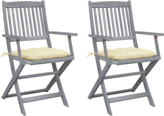 vidaXL Set van 2 klapstoelen met kussens, massief acaciahout, crème
