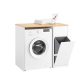 SoBuy Meuble lave-linge - meuble de salle de bain avec panier à linge et tiroir, pour lave-linge et sèche-linge, meuble pour lave-linge en bois, blanc, 100 x 60 x 90 cm, BZR217-WN