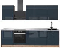Vicco Complete keukeneenheid Fame-Line, Donkerblauw hoogglans/Goudkleurig Eiken, 280 cm, WB Marmer
