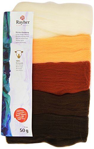 RAYHER HOBBY 5365400 Viltwol, merinowol, 18 mic, 5 kleuren, bruintinten, 100% schapenscheerwol, 50 g