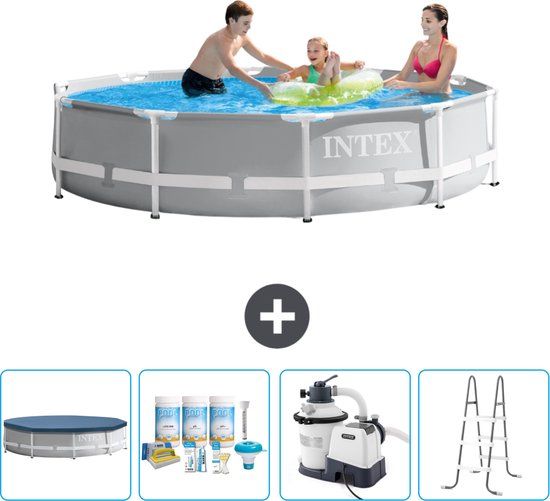 Intex Prism Frame Rond Zwembad - 305 x 76 cm - Grijs - Familiebad - Compleet met Accessoires