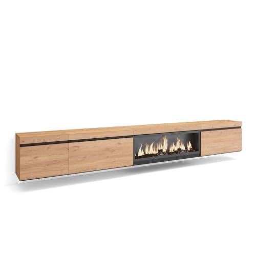 Skraut Home TV-Meubel, Lowboard, Woonkamer, Eetkamer, 317x45x35 cm, Elektrische haard XXL, Hangend, Moderne stijl, Eiken
