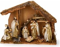 Merkloos / Sans marque Kaemingk B.V. Complete kerststal - 39 x 19 x 28 cm - met 8 kerstfiguren beelden - kerstdecoratie stal