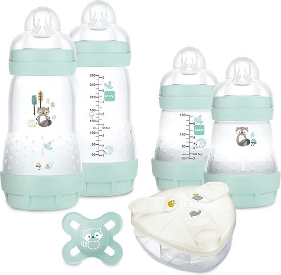 MAM MAM Easy Start Anti-Colic babyflessen, 4 babyflessen + 1 fopspeen + 1 melkdoseerder, babyset met ultrazachte fopspeen en ideaal geboortecadeau, kleur: aqua