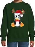 Bellatio Decorations Kersttrui / sweater voor jongens / meisjes - Merry Christmas - groen - Kerst pinguin 122/128