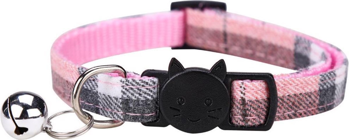 DecoDuoBelle - kattenhalsband Theo - kattenbandje met bel - halsband kat of hond - belletje - veiligheidssluiting - geruit - roze roze