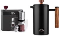 VDN French Press Cafetiere & Handmatige Koffiemolen Set - 0.7L Dubbelwandige RVS Koffiepers + 6-standen Koffiebonen Maler met Stalen Schijven - Zwart