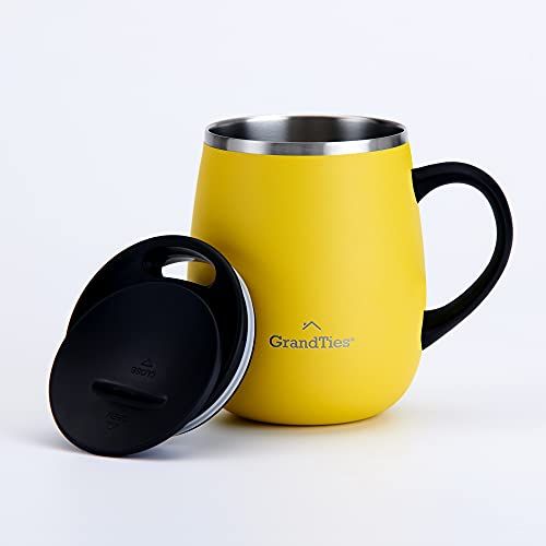 Grandties Thermo koffiemok met handvat schuifdeksel voor spatbescherming, 460 ml, citroen
