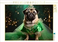 CALVENDO Puzzel Pug draagt Elegante groene avondjurk met sieraden en kroon | 1000 stukjes legformaat 64 x 48 cm foto-puzzel voor gelukkige uren
