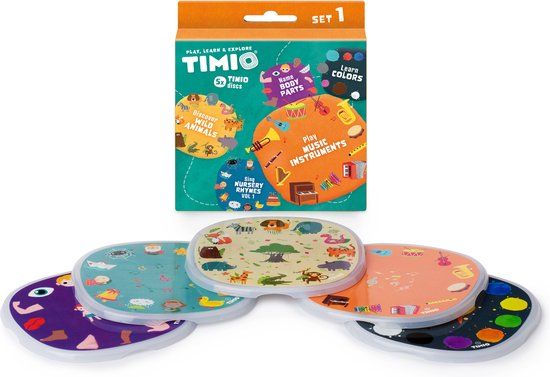 TIMIO Disk Set # 1: 5 Audio-Discs | Learn Colors, Wild Animals, Musical Instruments, 96 Nursery Rhymes Vol. 1, Body Parts | 8 Languages | Educational Toy for Ages 2-6