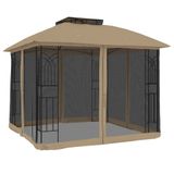 vidaXL Prieel met gaaswanden en dubbel dak, 2,94 x 2,94 m, staal, taupe