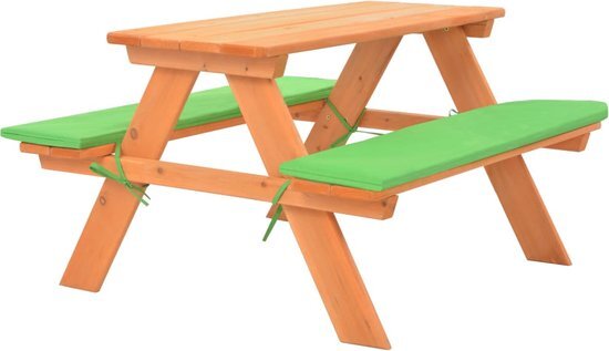 The Living Store Kinderpicknicktafel - Massief vurenhout - Waterbestendige kussens - Groen - 89 x 79 x 50 cm