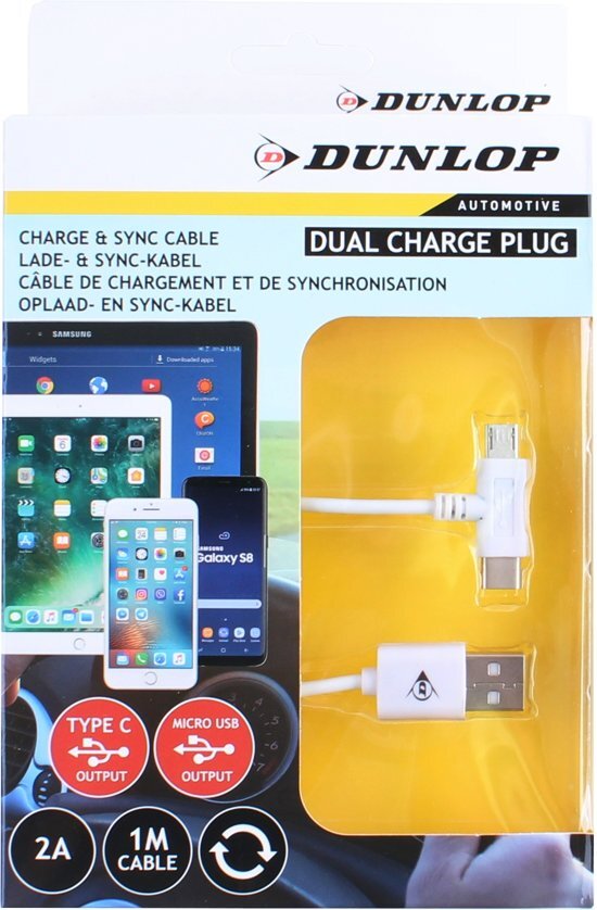 Dunlop Datakabel Usb 2a / Micro-usb / Type-c Dual Wit 100 Cm