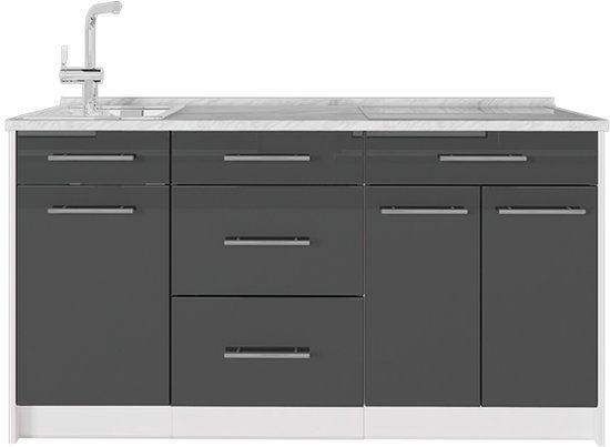 Vicco Keukenblok Fame-Line, Antraciet Hoogglans/Wit, 150 cm, WB Marmer