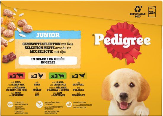 Pedigree Junior Maaltijdzakjes - Puppyvoeding in Gelei met Kip, Lam en Rund - 12x100g