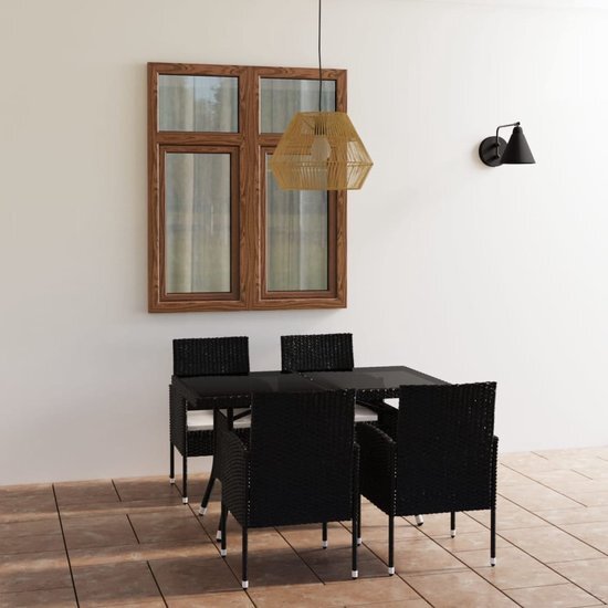 The Living Store Poly Rattan Tuinset - 140 x 80 x 74 cm - Zwart - PE-rattan en staal - Glas tafelblad - Afneembare kussens - Montage vereist